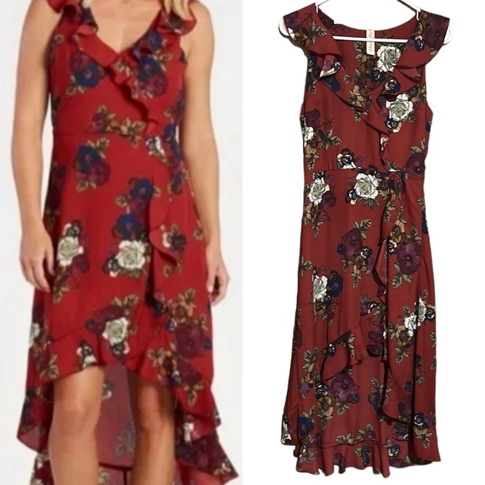 Evereve Allison Joy Floral Ruffle Neck High-Low Dress Burgundy Size XS
